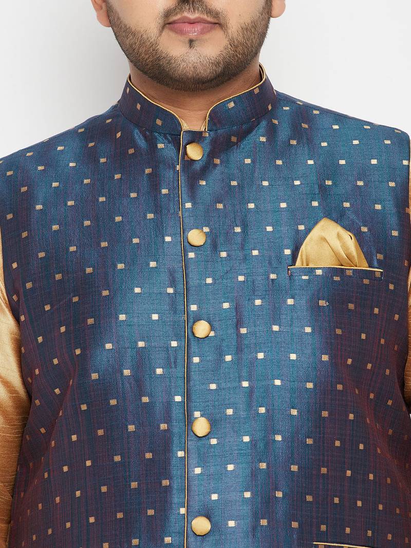 Plus rose gold, blue and white silk blend jacket kurta pyjama set