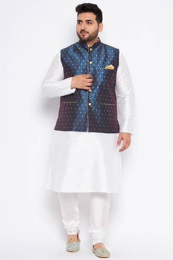 white silk blend jacket kurta pyjama set
