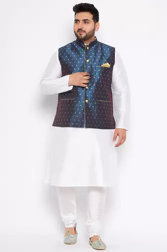 white silk blend jacket kurta pyjama set