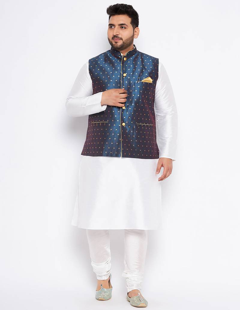 Plus white silk blend jacket kurta pyjama set
