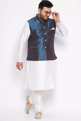 white silk blend jacket kurta pyjama set