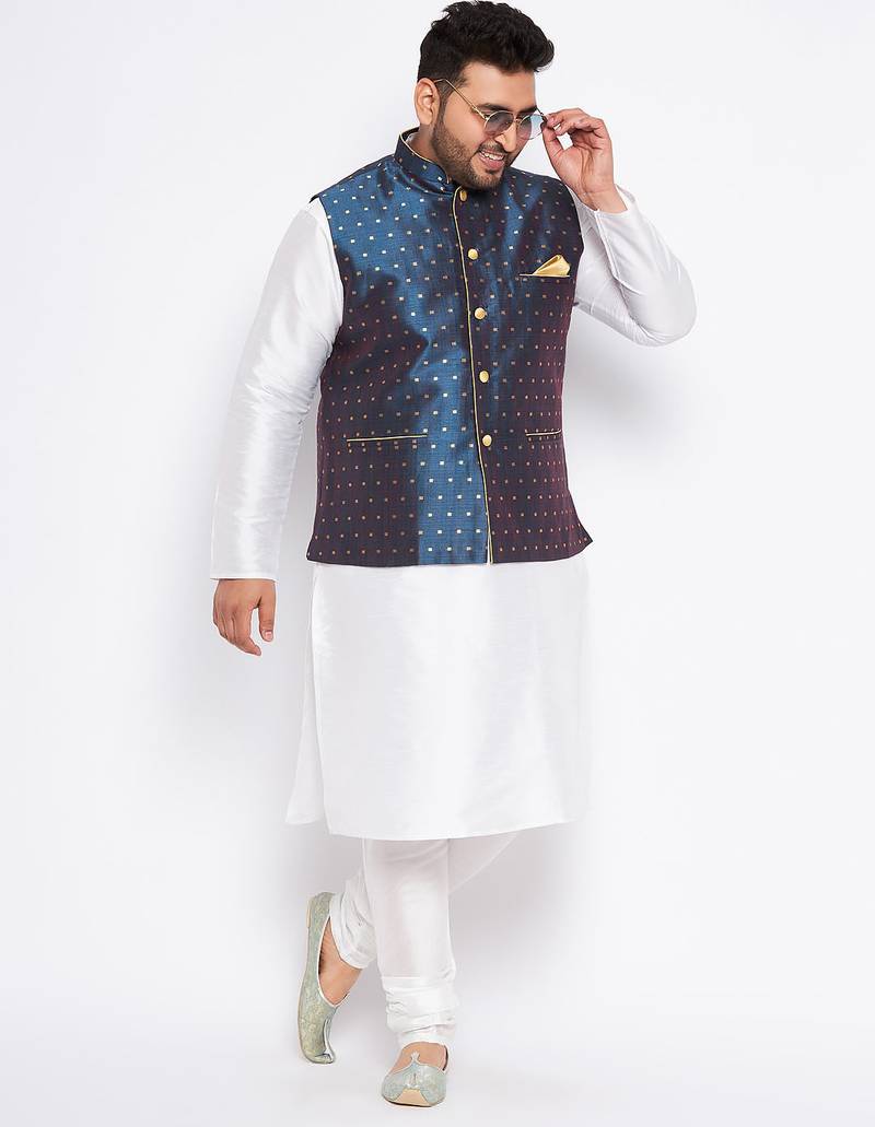 Plus white silk blend jacket kurta pyjama set