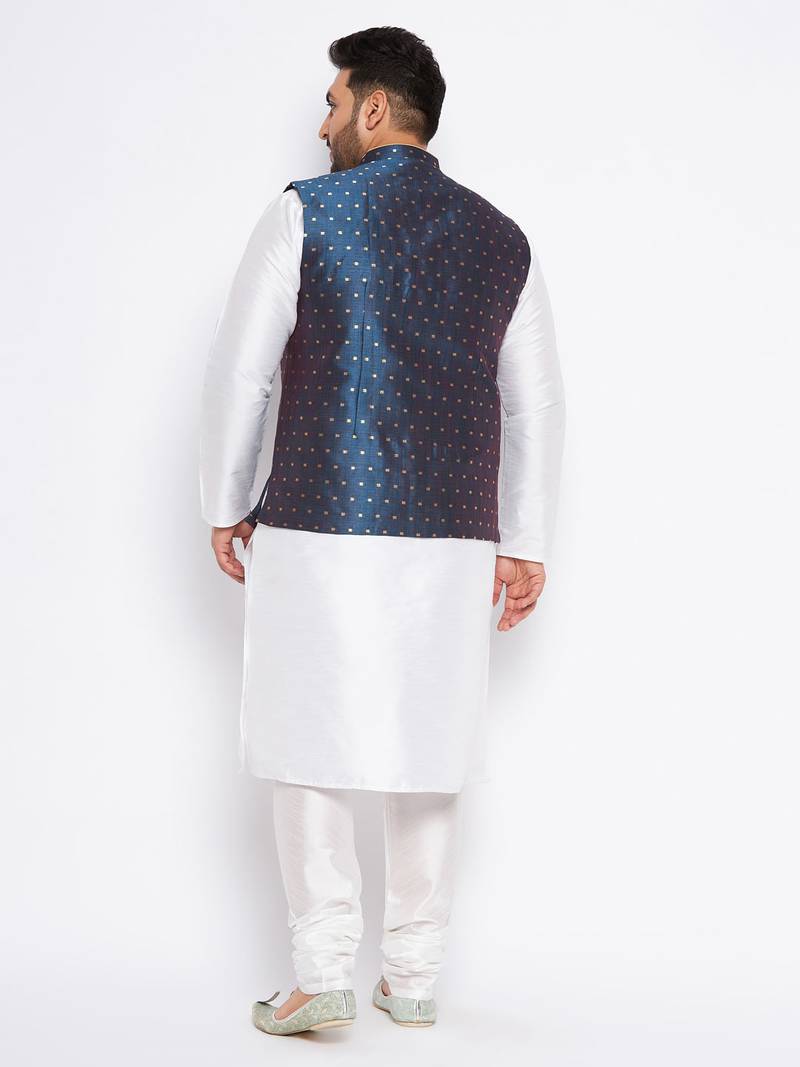 Plus white silk blend jacket kurta pyjama set