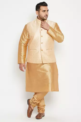 rose gold, gold and white silk blend jacket kurta pyjama set