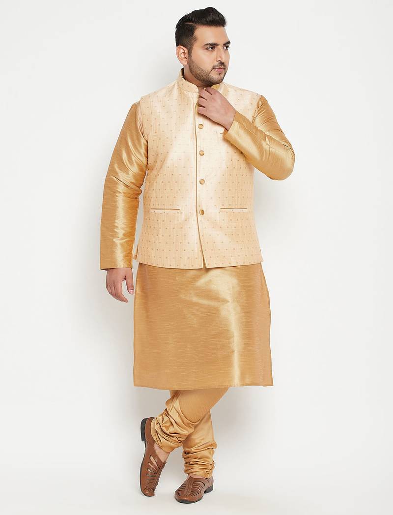 Plus rose gold, gold and white silk blend jacket kurta pyjama set