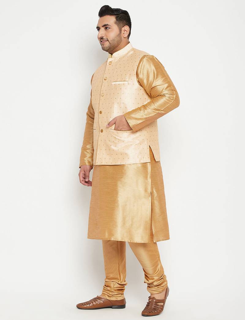 Plus rose gold, gold and white silk blend jacket kurta pyjama set