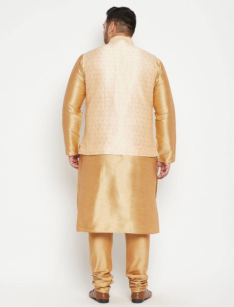 Plus rose gold, gold and white silk blend jacket kurta pyjama set