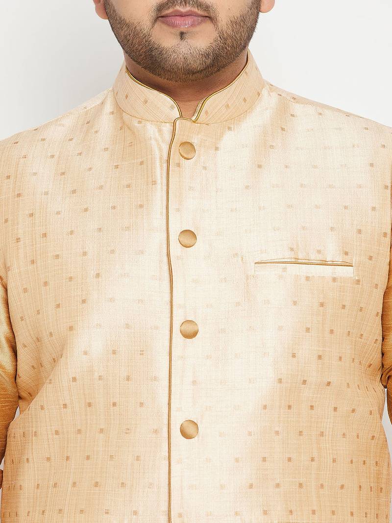 Plus rose gold, gold and white silk blend jacket kurta pyjama set