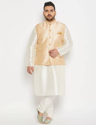 cream and gold silk blend jacket, kurta and pyjama set 1