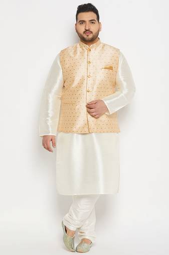 cream and gold silk blend jacket, kurta and pyjama set