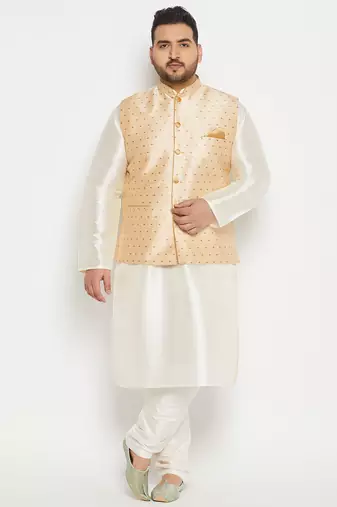 cream and gold silk blend jacket, kurta and pyjama set