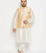 cream and gold silk blend jacket, kurta and pyjama set