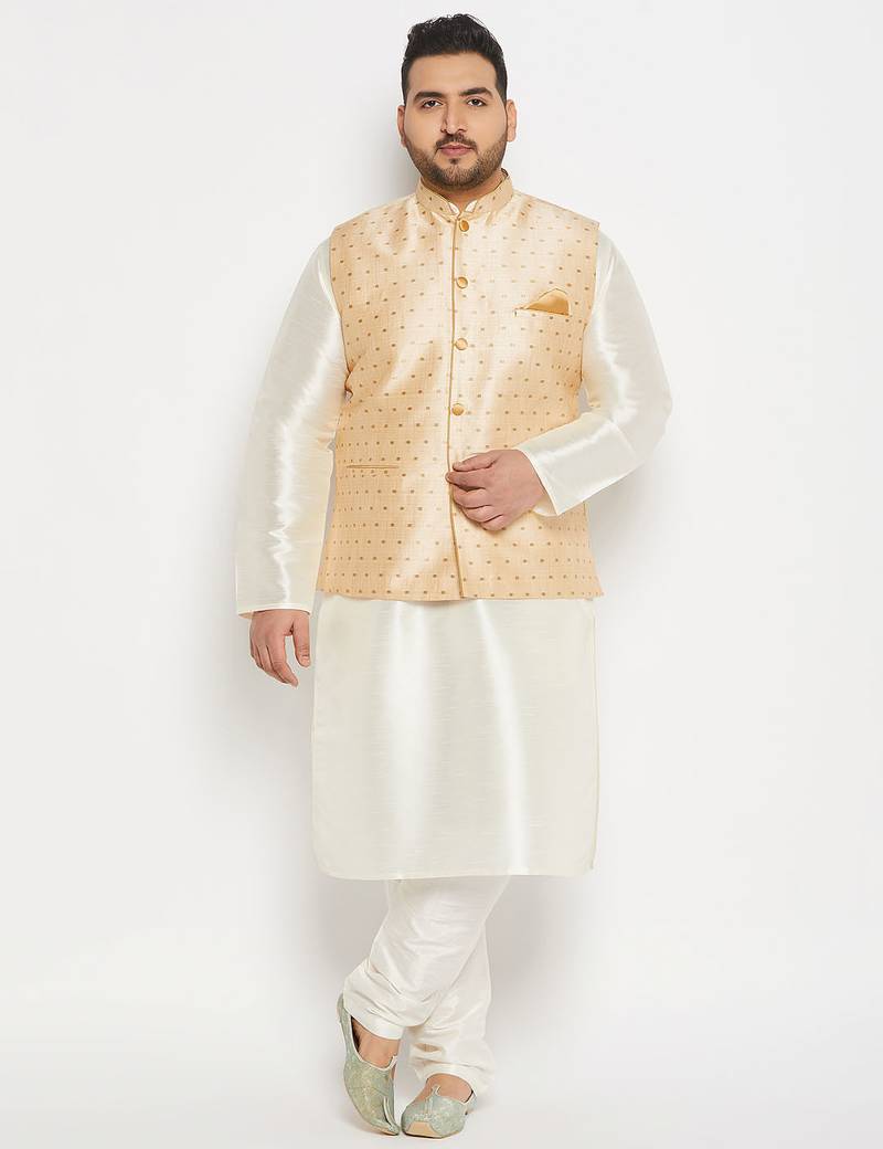 Plus cream and gold silk blend jacket, kurta and pyjama set