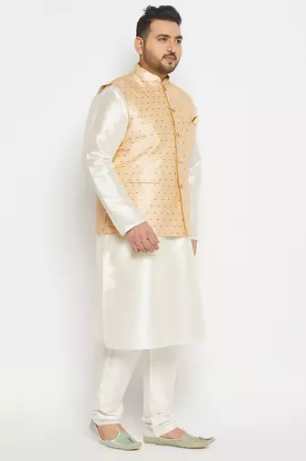 cream and gold silk blend jacket, kurta and pyjama set