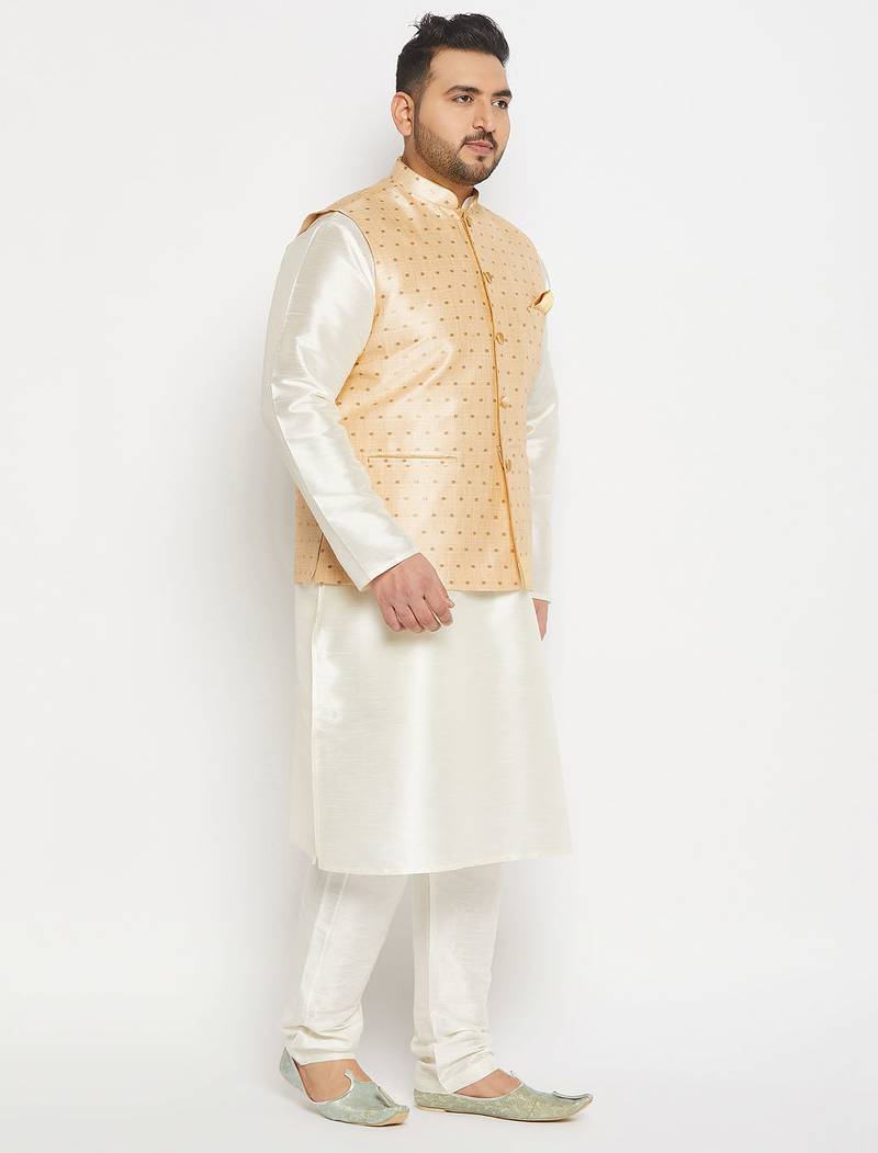 Plus cream and gold silk blend jacket, kurta and pyjama set