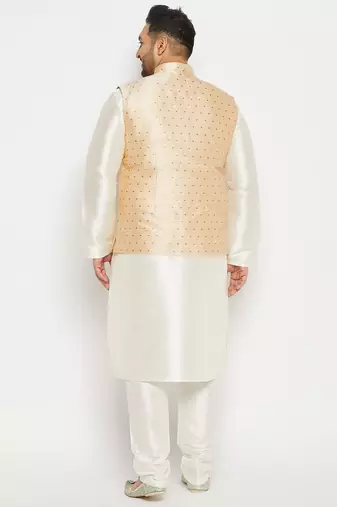 cream and gold silk blend jacket, kurta and pyjama set