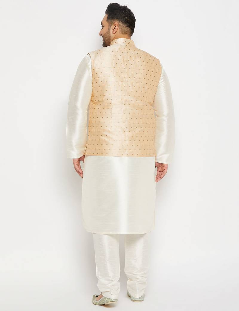 Plus cream and gold silk blend jacket, kurta and pyjama set