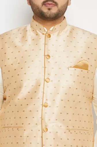 cream and gold silk blend jacket, kurta and pyjama set