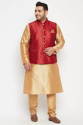 rose gold, maroon and white silk blend jacket kurta pyjama set