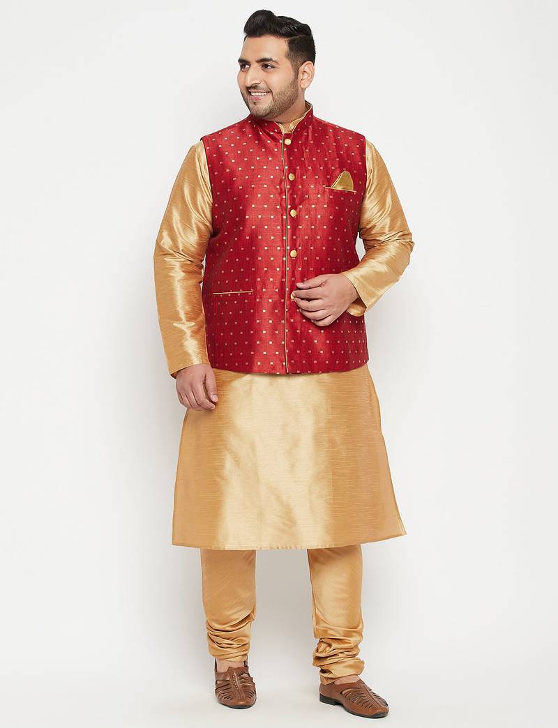 Plus rose gold, maroon and white silk blend jacket kurta pyjama set