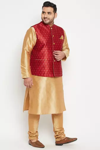 rose gold, maroon and white silk blend jacket kurta pyjama set