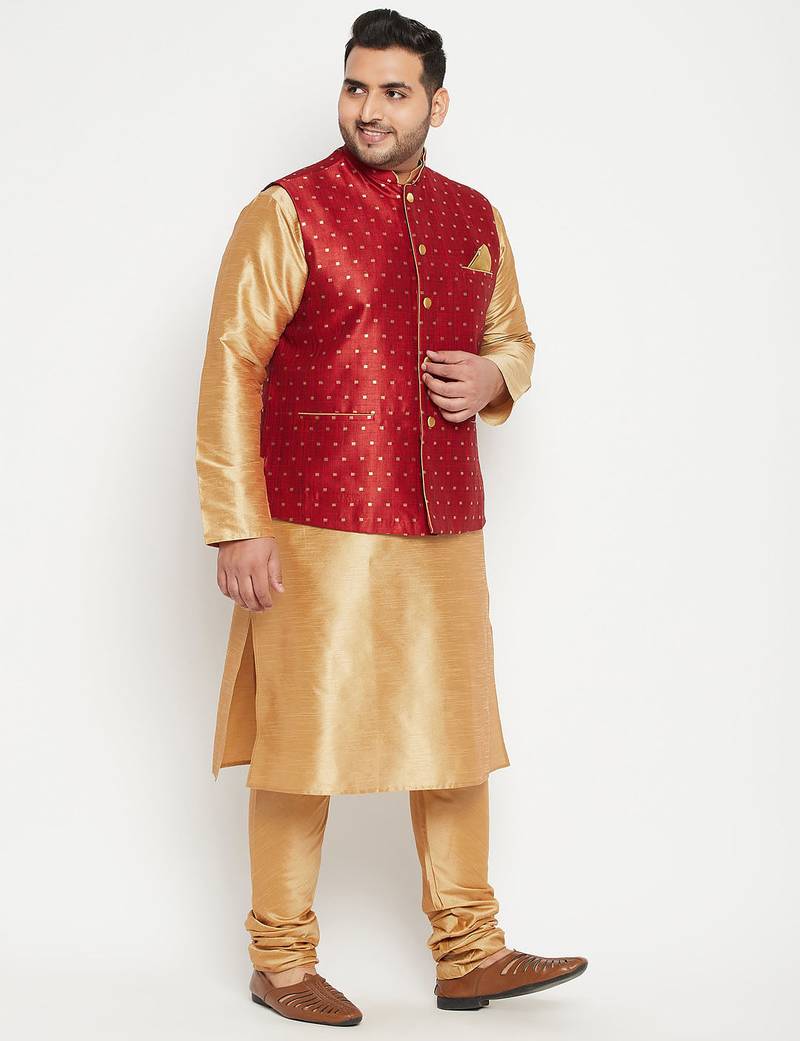 Plus rose gold, maroon and white silk blend jacket kurta pyjama set