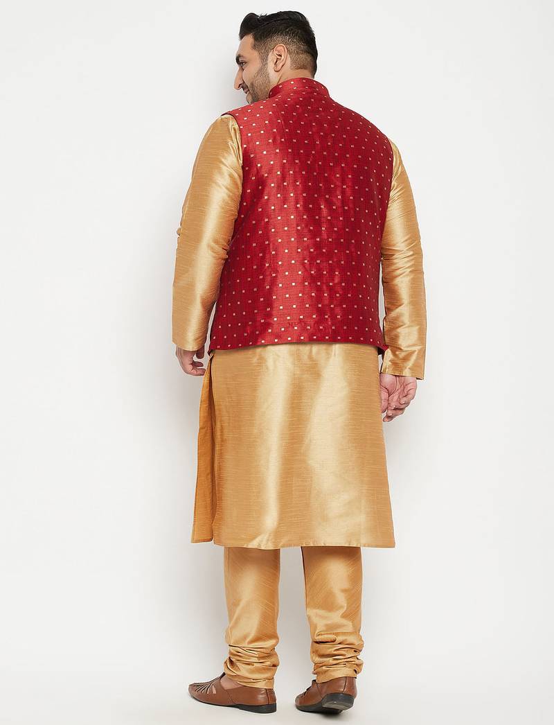 Plus rose gold, maroon and white silk blend jacket kurta pyjama set