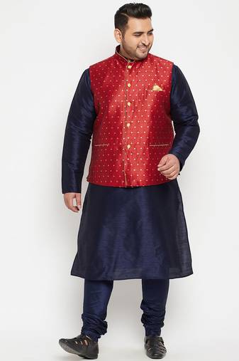 navy blue, maroon and white silk blend jacket kurta pyjama set