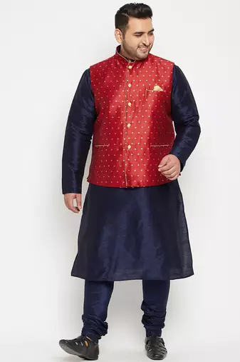 Plus navy blue, maroon and white silk blend jacket kurta pyjama set