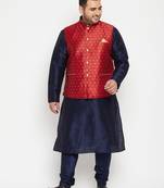 navy blue, maroon and white silk blend jacket kurta pyjama set