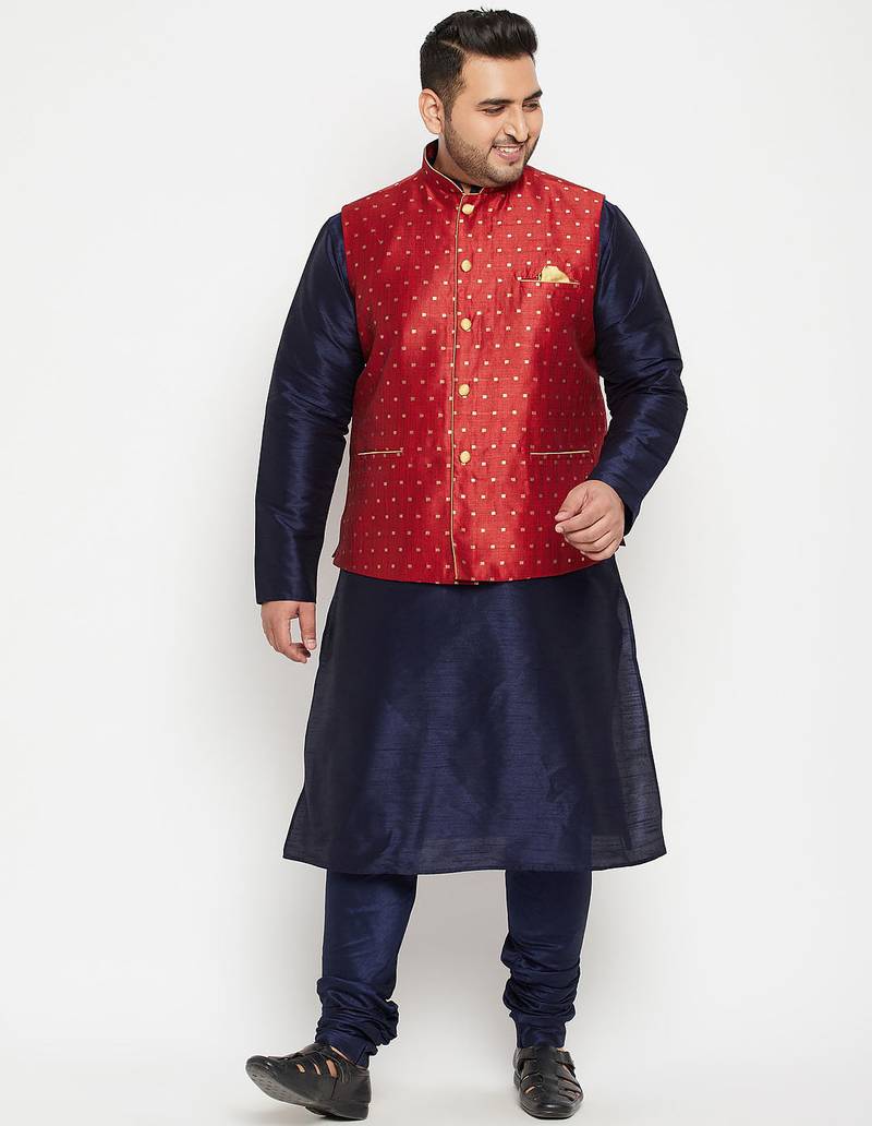 Plus navy blue, maroon and white silk blend jacket kurta pyjama set