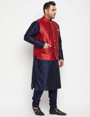 navy blue, maroon and white silk blend jacket kurta pyjama set 2