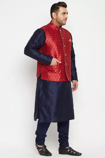 navy blue, maroon and white silk blend jacket kurta pyjama set