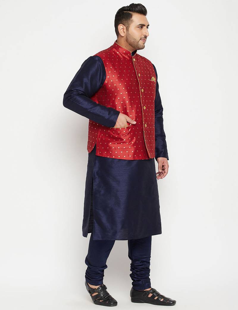 Plus navy blue, maroon and white silk blend jacket kurta pyjama set