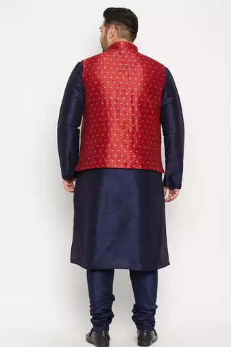 navy blue, maroon and white silk blend jacket kurta pyjama set