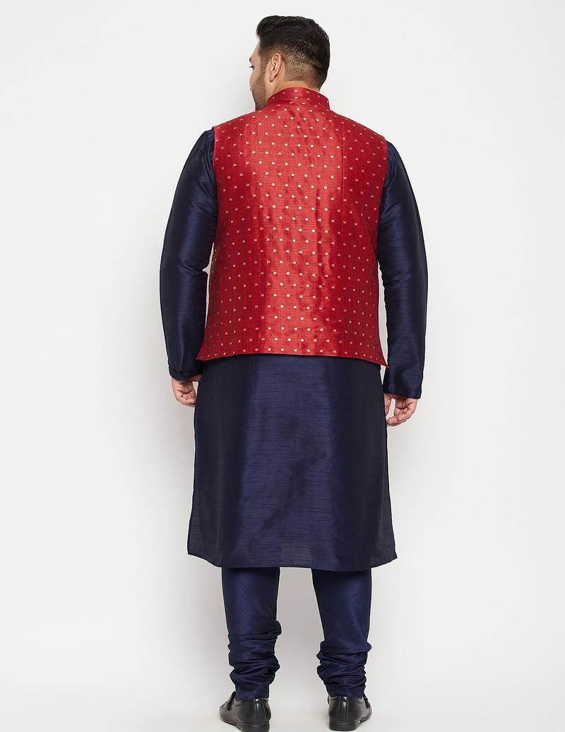 Plus navy blue, maroon and white silk blend jacket kurta pyjama set