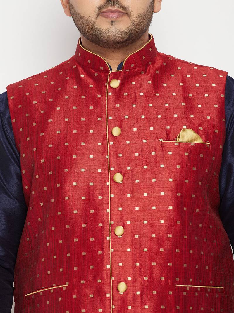Plus navy blue, maroon and white silk blend jacket kurta pyjama set