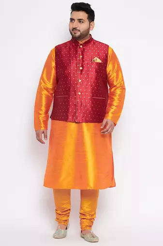 Plus orange silk blend jacket kurta pyjama set