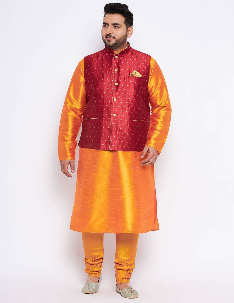 Plus orange silk blend jacket kurta pyjama set