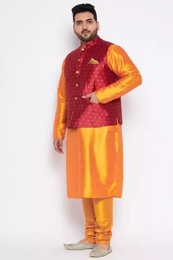 orange silk blend jacket kurta pyjama set