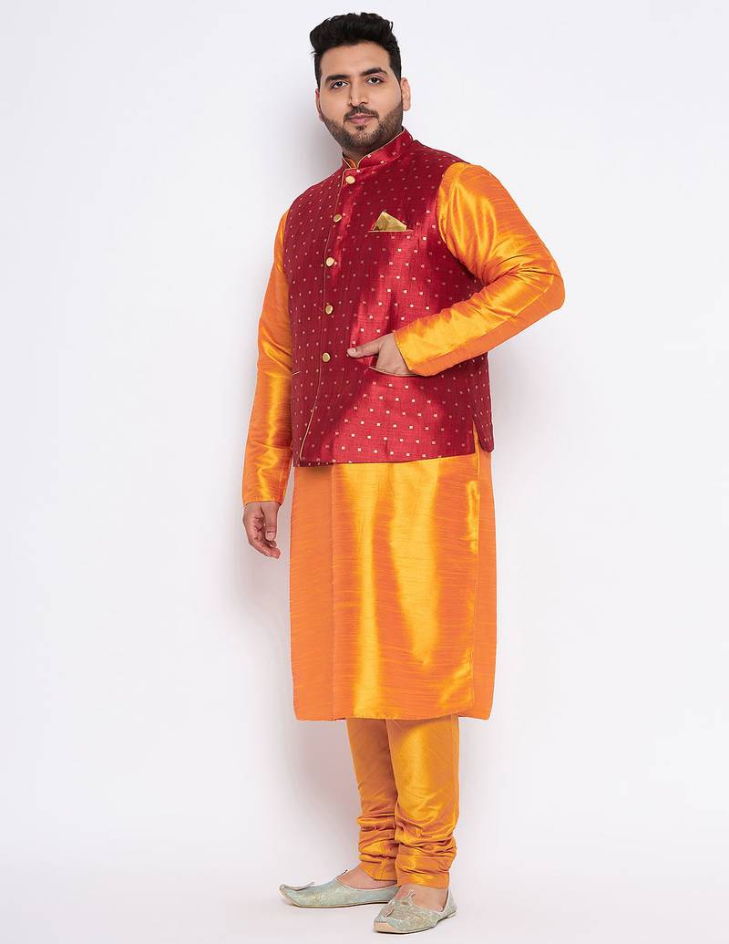 Plus orange silk blend jacket kurta pyjama set