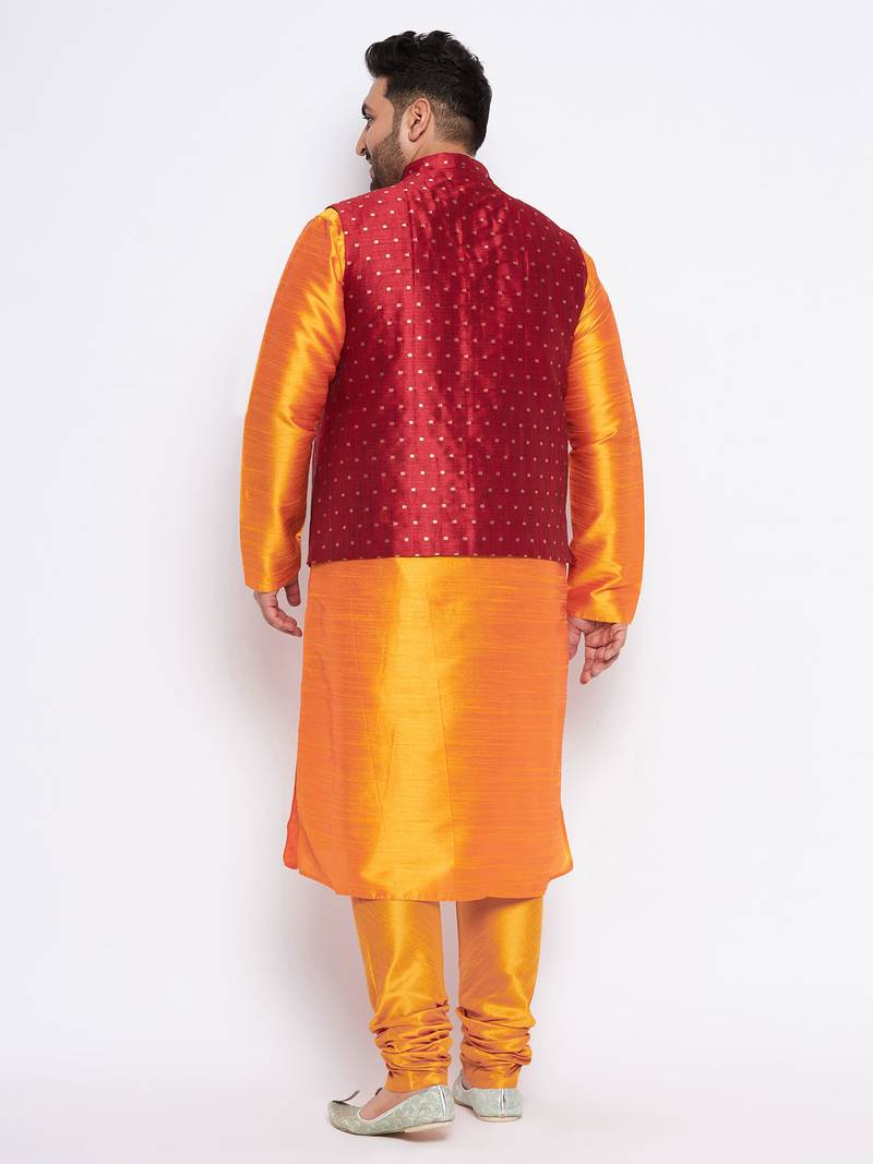 Plus orange silk blend jacket kurta pyjama set