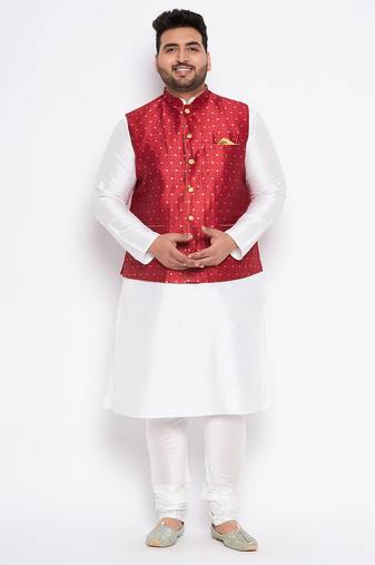 white silk blend jacket kurta pyjama set