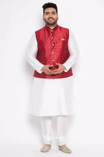 white silk blend jacket kurta pyjama set