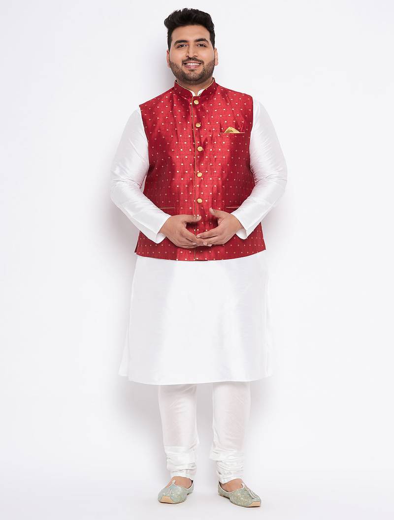 Plus white silk blend jacket kurta pyjama set
