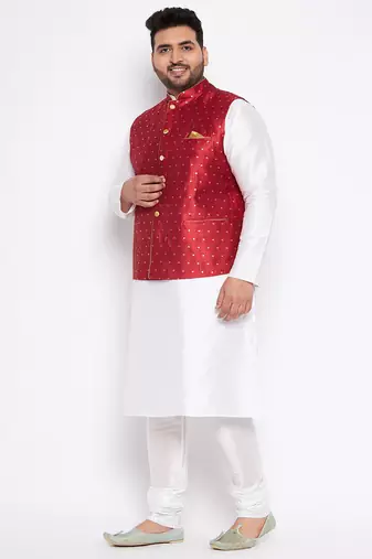 white silk blend jacket kurta pyjama set