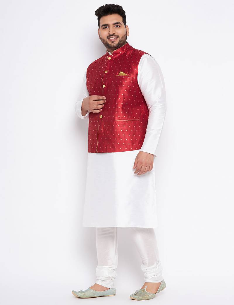 Plus white silk blend jacket kurta pyjama set