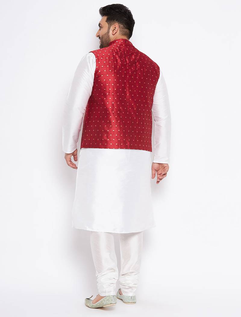Plus white silk blend jacket kurta pyjama set
