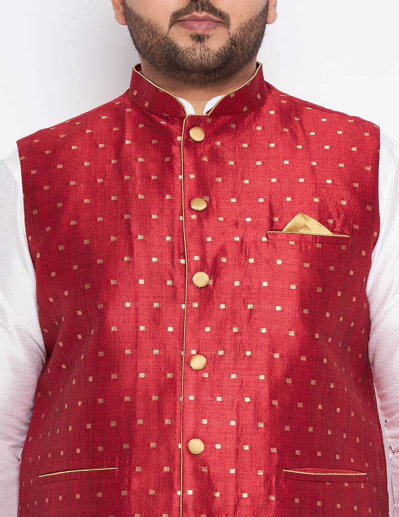 Plus white silk blend jacket kurta pyjama set