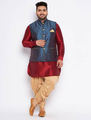 maroon silk blend jacket kurta dhoti set 1